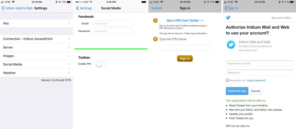 Screenshot showing process of linking a Twitter account to the Mail & Web App on iOS.