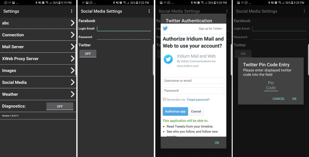 Screenshot showing process of linking a Twitter account to the Mail & Web App on Android.