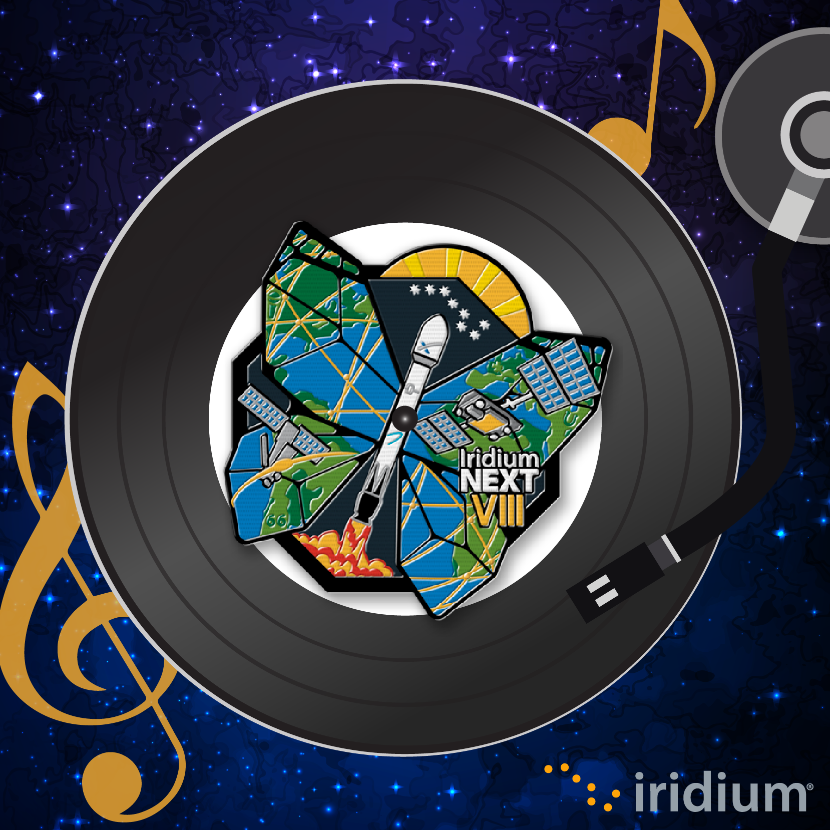 Graphic for Iridium NEXT Launch 8 Spotify playlist, showing the launch patch imprinted on a vinyl record in a player.