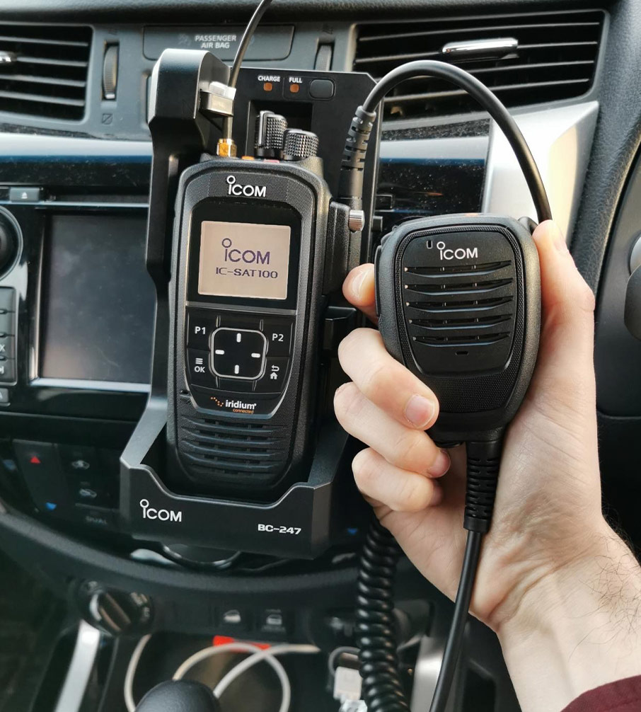 Icom IC-SAT100M radio in vehicular docking station