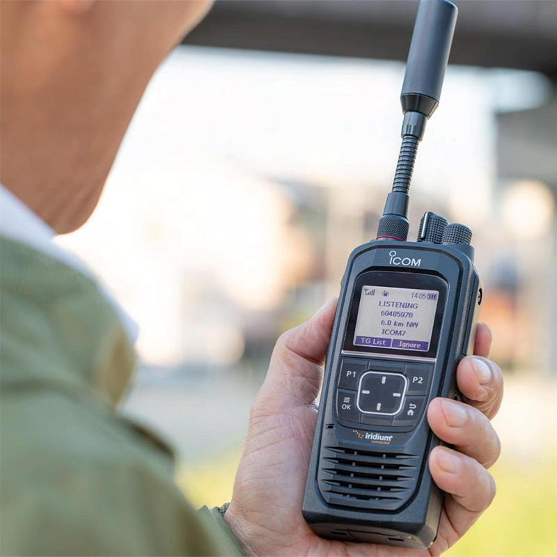 Icom IC-SAT100 PTT device in use