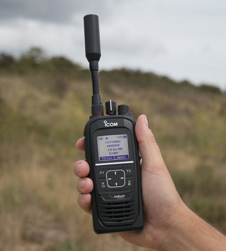 Icom IC Sat 100 handset in use