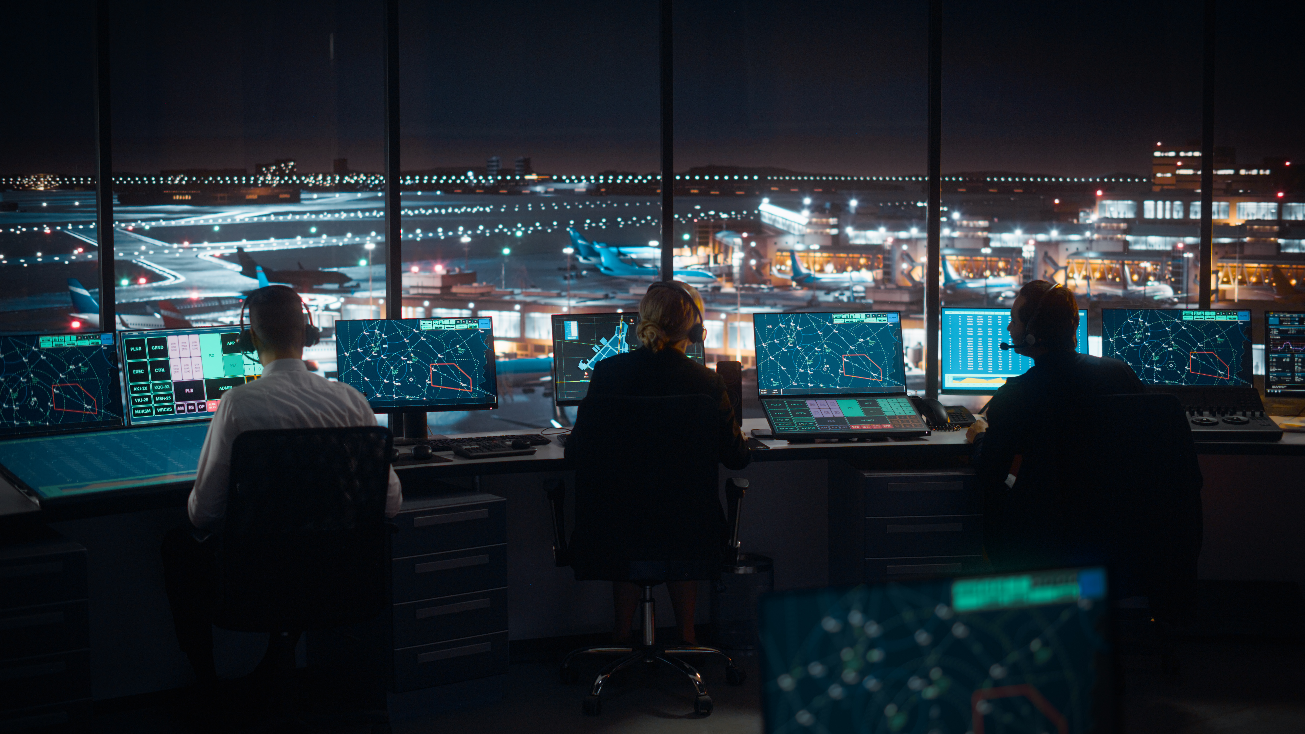 Air traffic controllers wearing headsets monitor aircraft movements on multiple radar screens overlooking a busy airport at night.