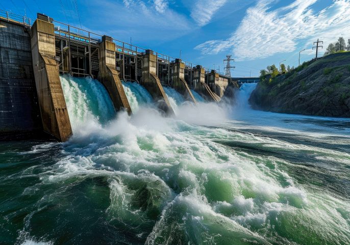 Powerful water rushes through a large hydroelectric dam under a clear blue sky with surrounding hills.
