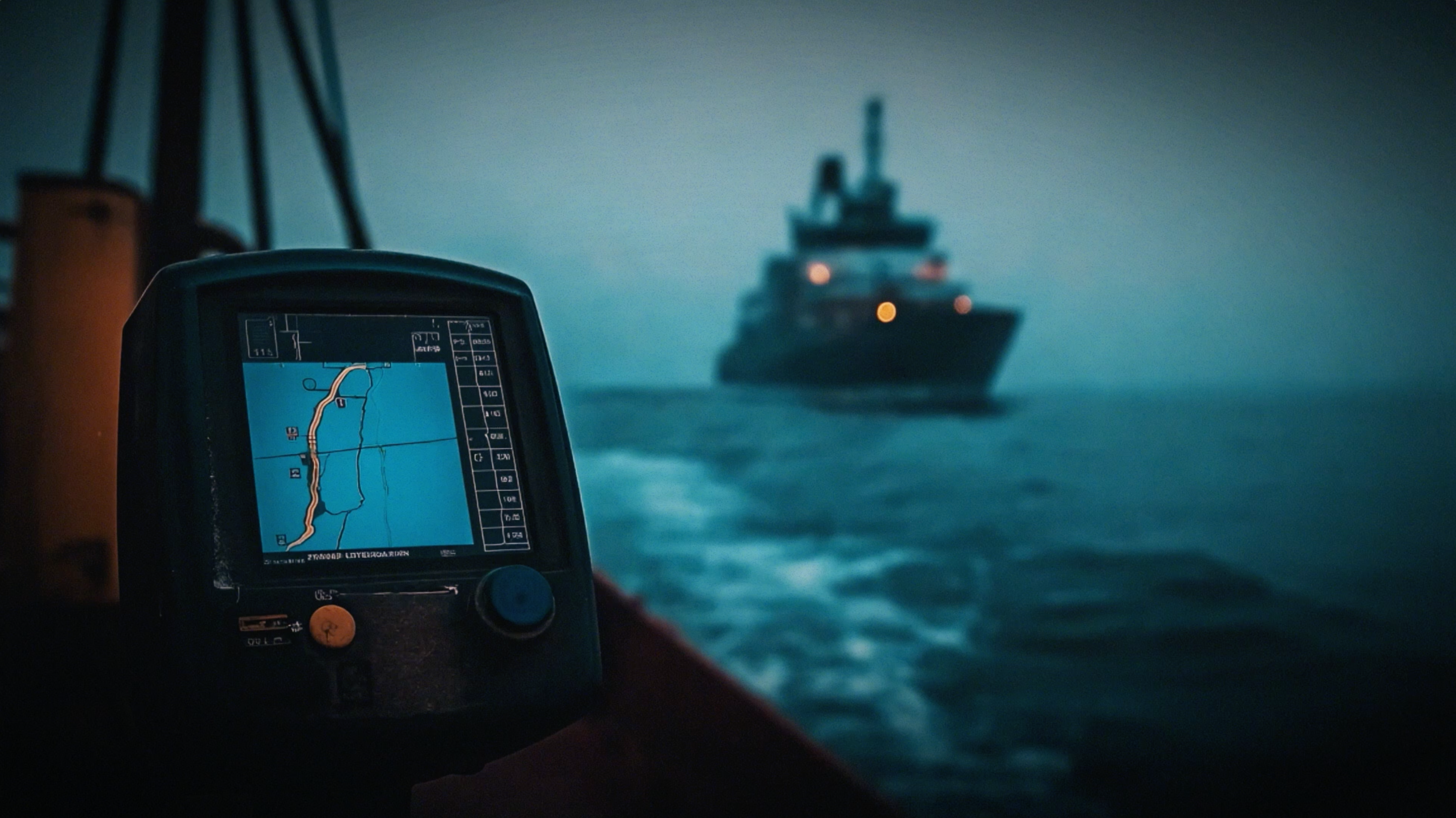 A marine navigation screen showing a digital map on a small boat with a large ship ahead in the misty ocean at dawn.
